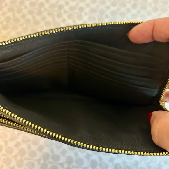 NWT COACH DOUBLE ZIP LARGE WALLET WRISTLET STRAW CAP26 LEATHER TOAST/BLACK - Picture 12 of 12